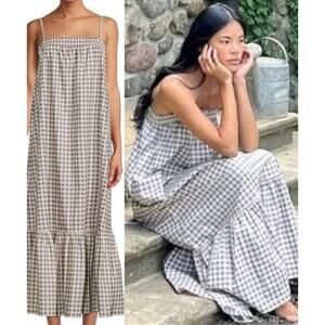 NWT WeWoreWhat Cottage Prairie Country Smocked Gingham Midi Dress XL Blue White